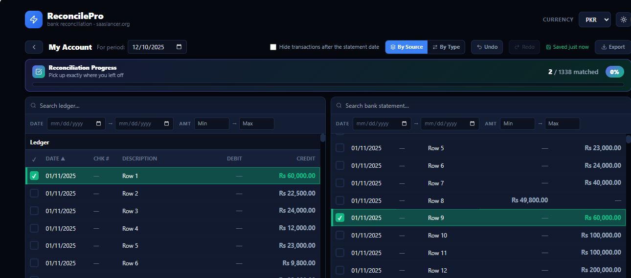 Bank reconciliation progress in ReconcilePro showing two confirmed matched transactions with a progress bar at the top of the screen